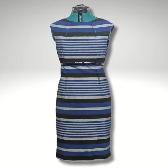 Calvin Klein Cap Sleeve Striped Belted Sheath Dress sz 12 - Picture 1 of 7
